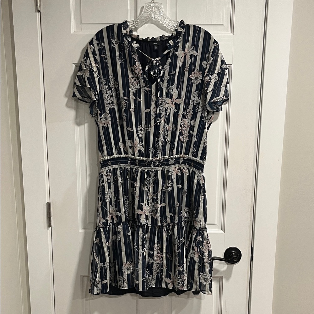 DREW Made in USA Floral Tie Neck Dress in Navy Blue Size Large